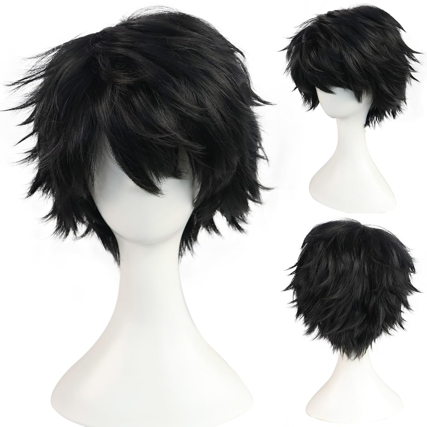 +Hair Cap Short Messy Wig for Men Short Messy Wig Synthetic Anime Hair Black