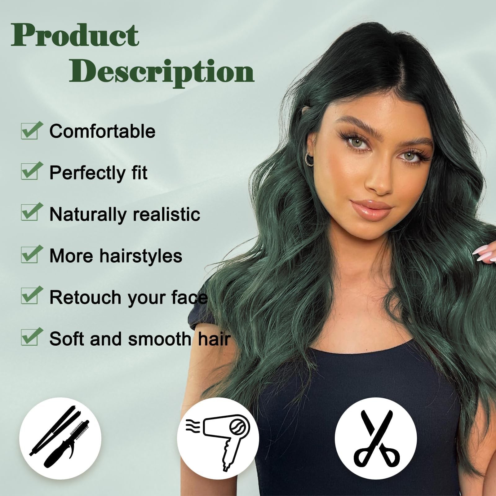 Long Ombre Green Wavy Wig for Women 26 Inch Middle Part Curly Wavy Wig Natura…