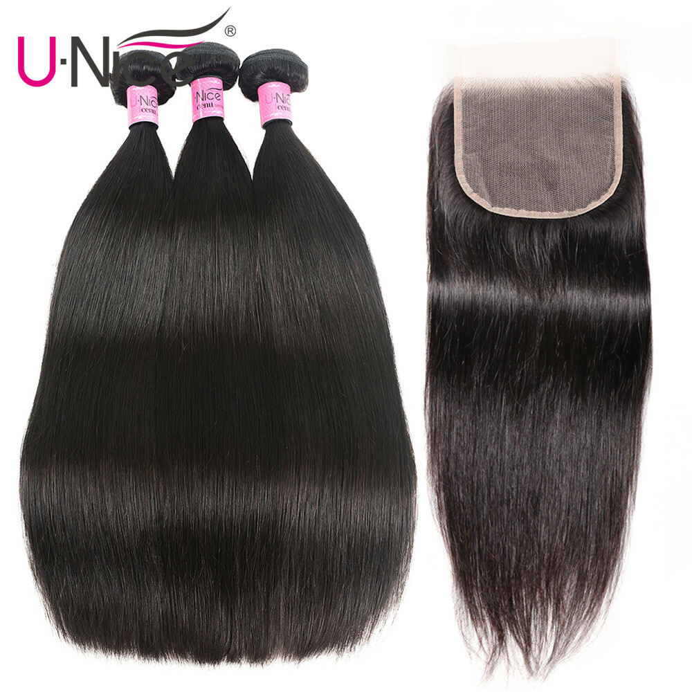 UNice Brazilian Straight Human Hair Weaves 3 Bundles With Lace Closure Extension
