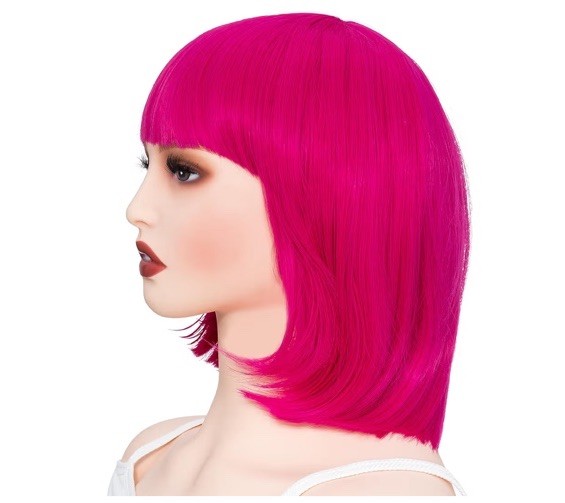 Rose Bud Hot Pink Bob Wig with Fringe 12 Inch Short Straight Costume Wigs For