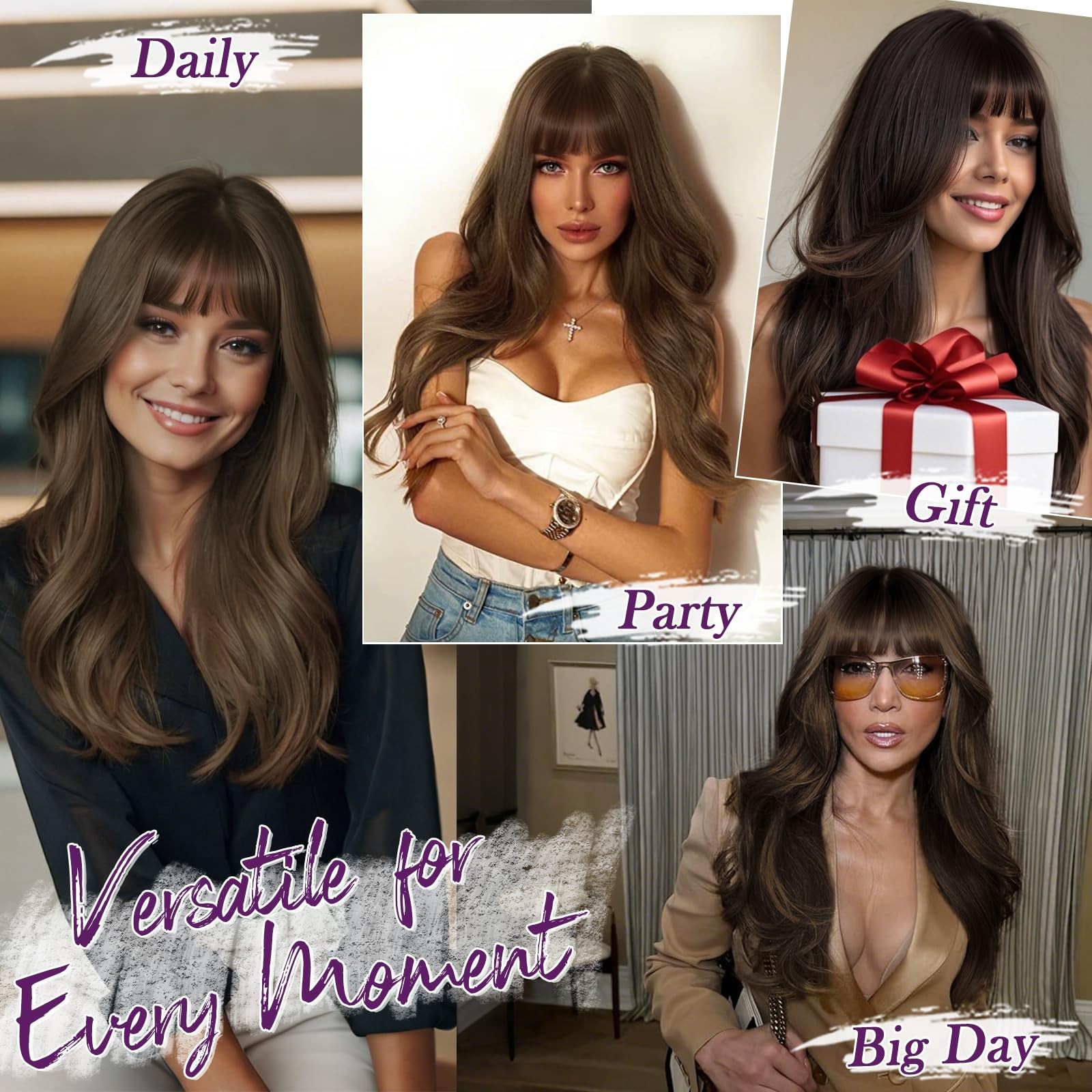Brown Blonde Highlight Layered Wig with Bangs – 20 Inch Layered Wig with Bang…