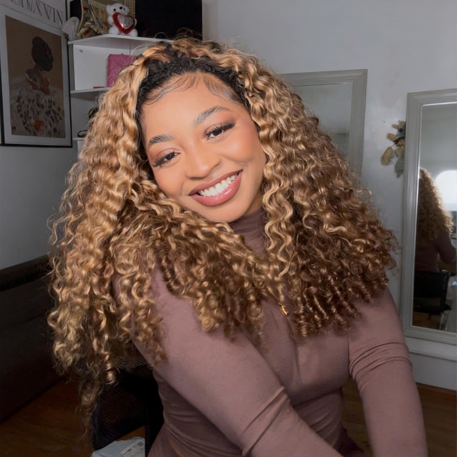 Burmese Curly Half Wig 18″ Human Hair Drawstring Glueless 180% Density Ombre 4/2