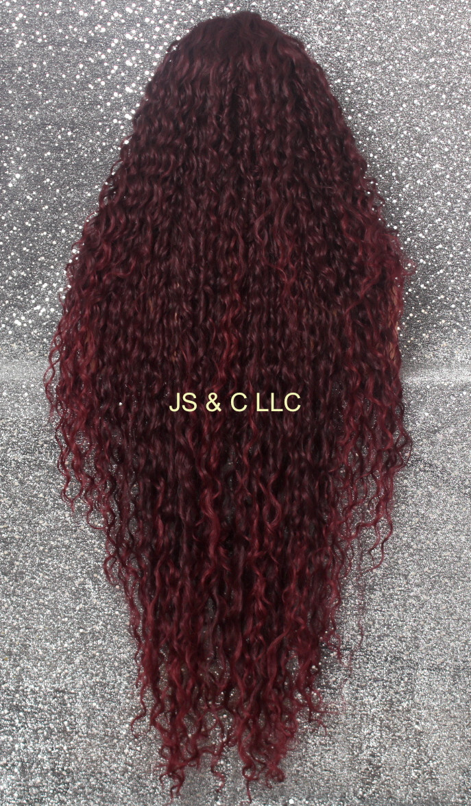 48 ” EX LONG Human Hair Blend Lace Front Wig Burgundy water Wave Heat OK JSEP