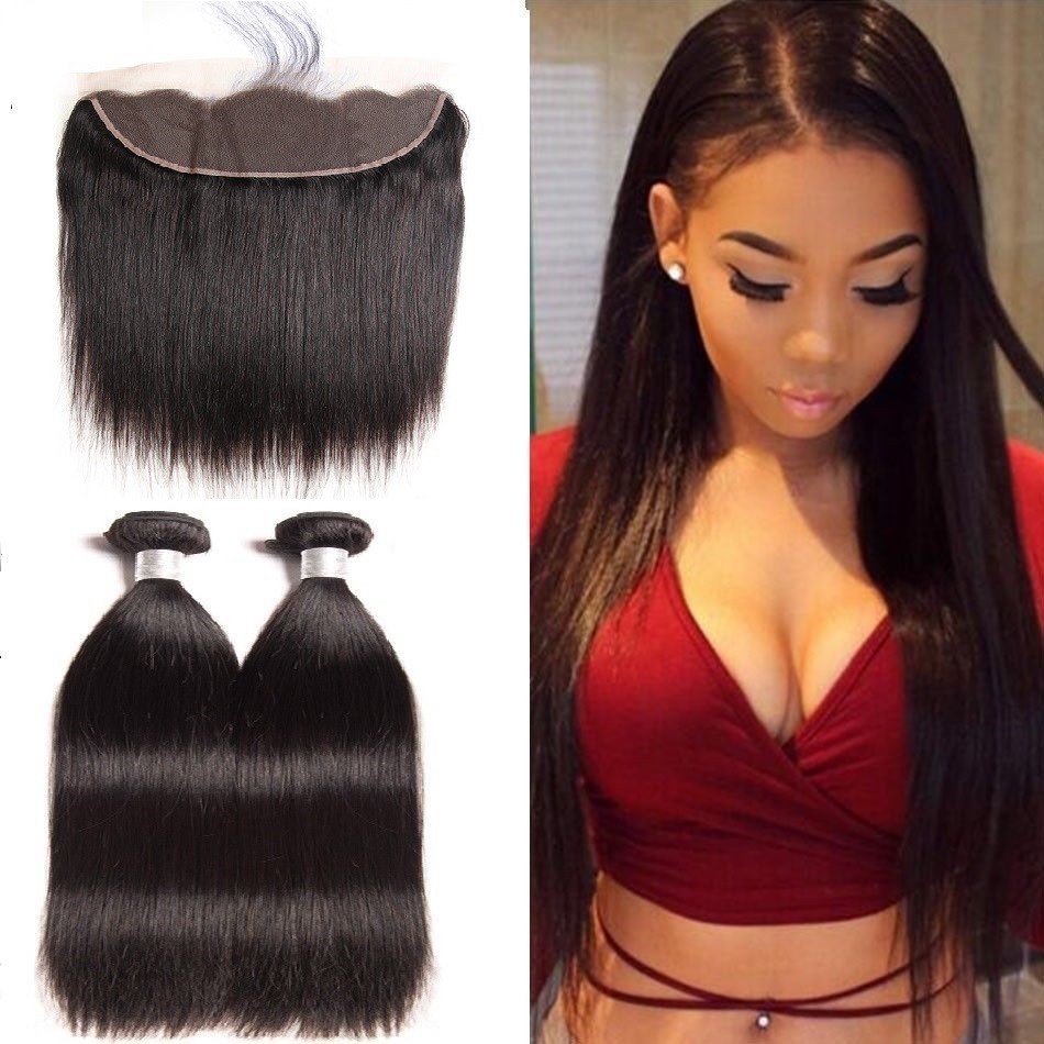 Premium Straight Natural Black 100% Human Hair 2 Bundles With 13×4 Lace Frontal