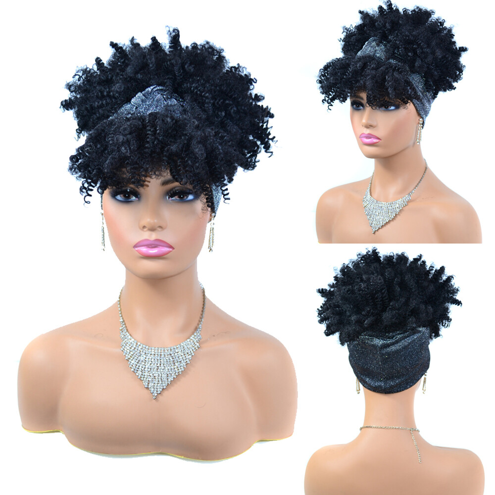 African Headband Wigs Afro Kinky Curly Hair Wrap Wigs with Bangs for Black Women