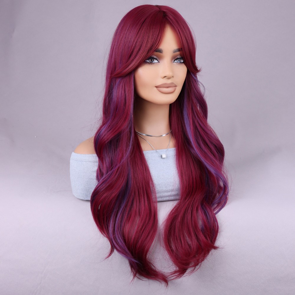 28inch Woman Girls Daily Use Hair Styling Wine-Red Wavy Hair Cosplay Wigs