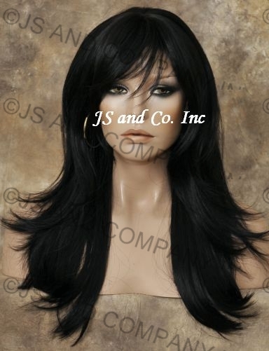 Long Human Hair Blend Wig Off Black Flip Out Straight Heat Safe WLA 1B