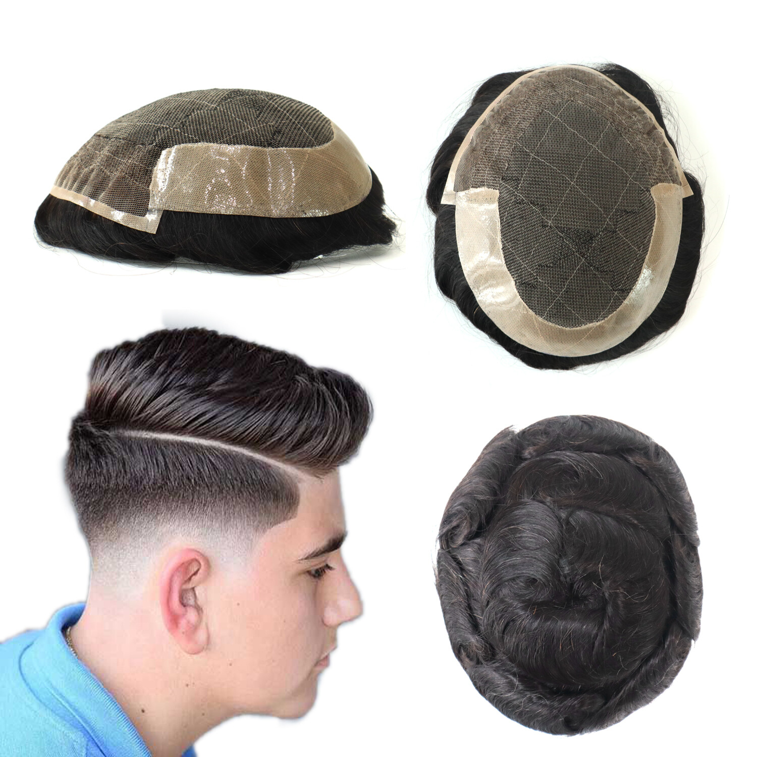 Natural Mens Hair Replacement Lace Front System Poly Coating Toupee Hairpiece#1B