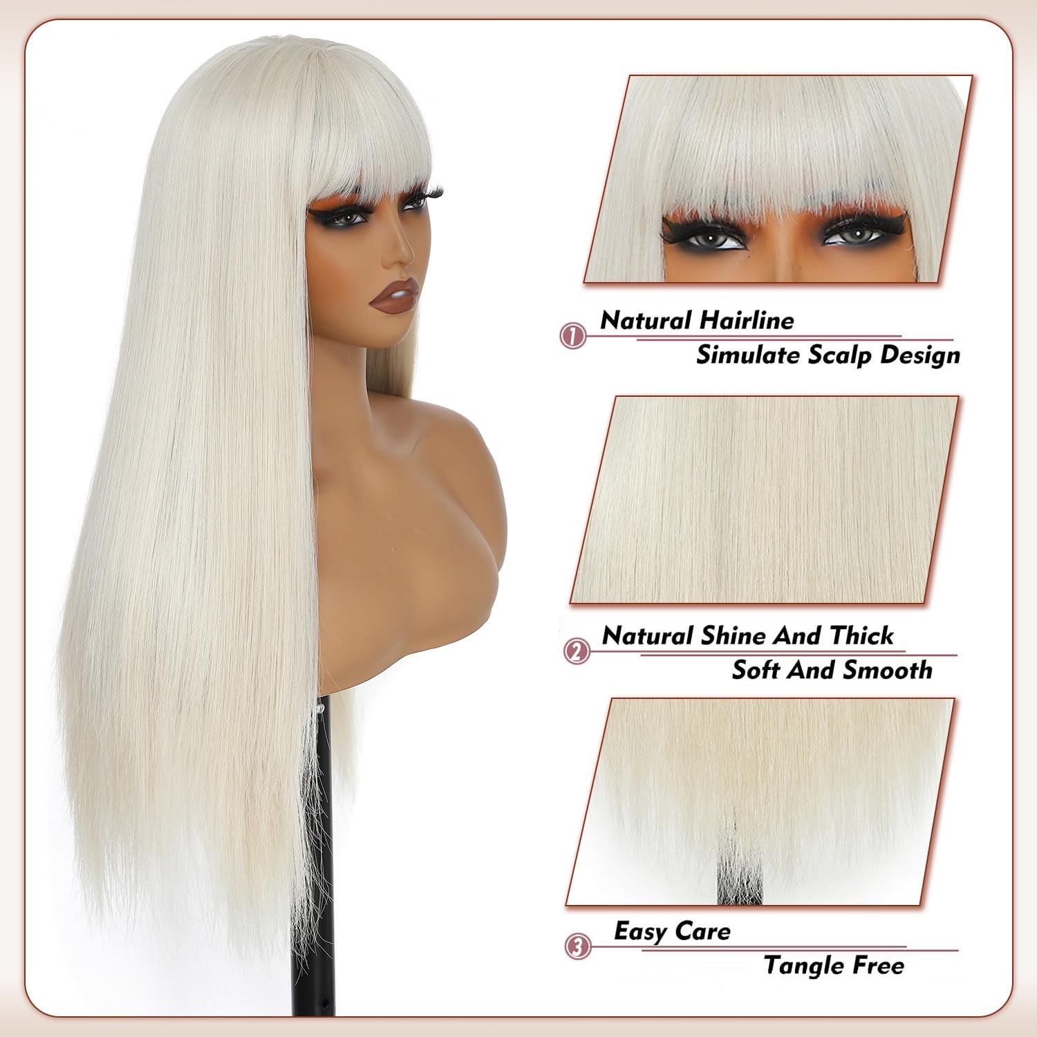 Platinum Blonde Wigs for Women 24 Inch Long Straight Wig with Bangs Synthetic…