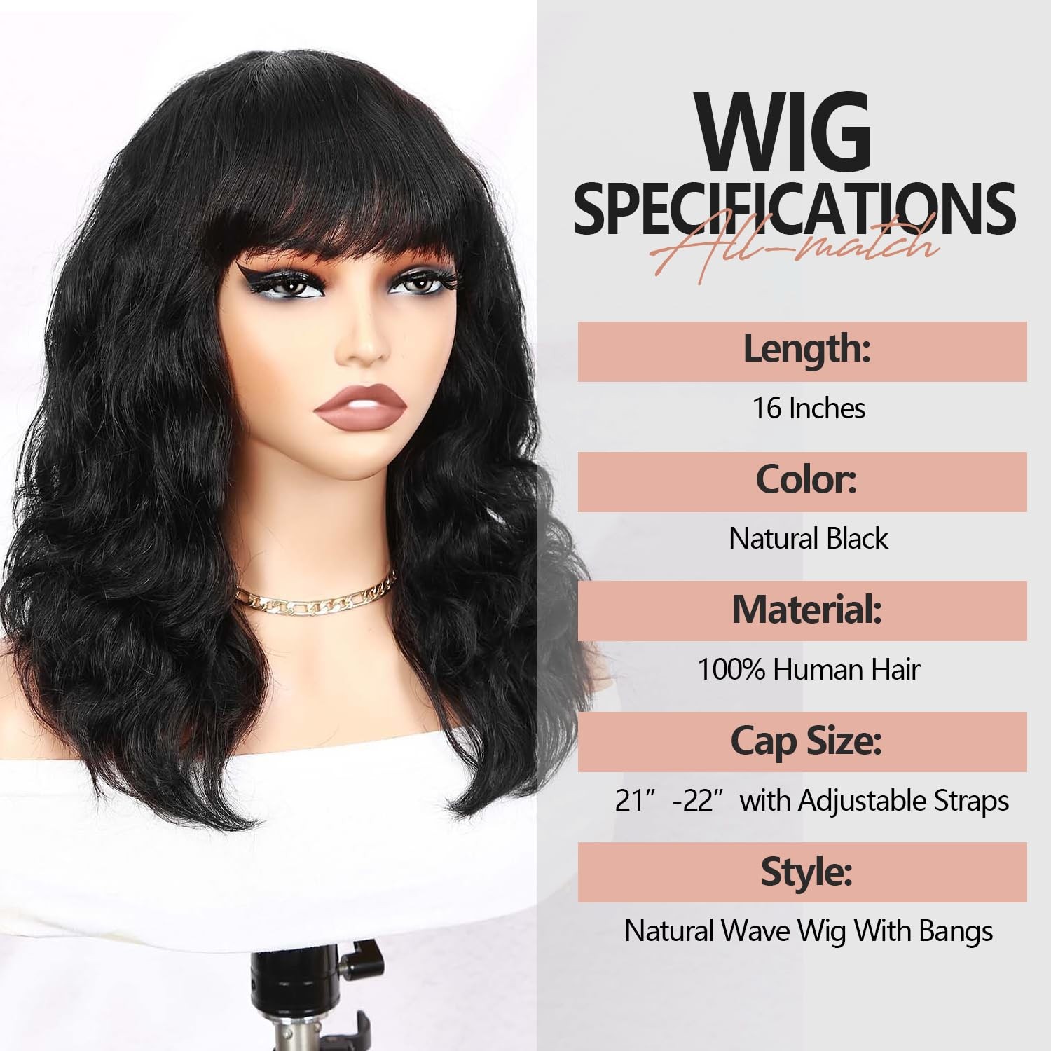 Wiger Black Natural Wave Bang Wigs For Women Human Hair Curly Wig Bangs None