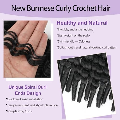 Burmese Curly Crochet Hair 8 Packs 128 Strands Knotless Pre-Looped 18 Inch 1B