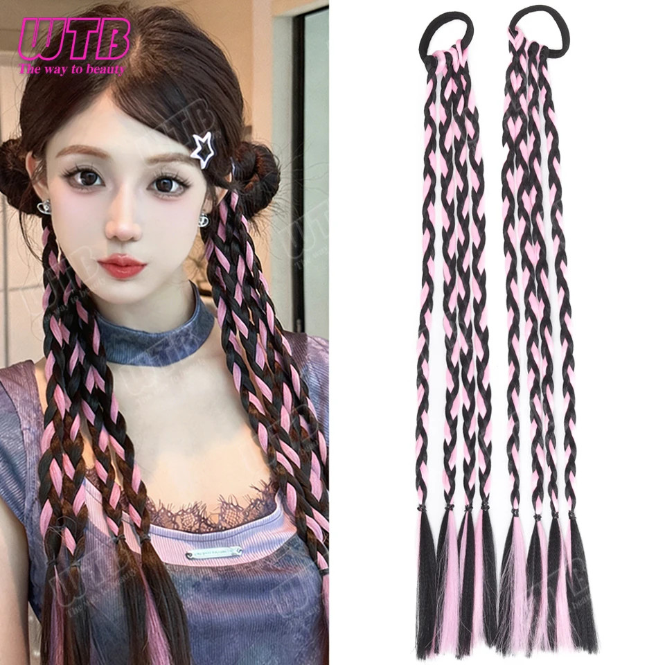 2PCS Elastic Band Braided Wigs Highlighted Synthetic Hairpieces For Women Daily