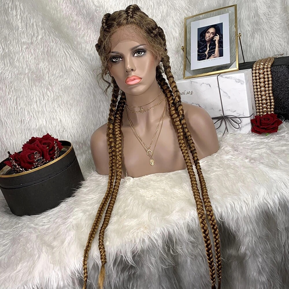 Long Braid Fiber Lace Front Wigs Cornrow Big Braiding 4 Braids Wigs Natural Hair