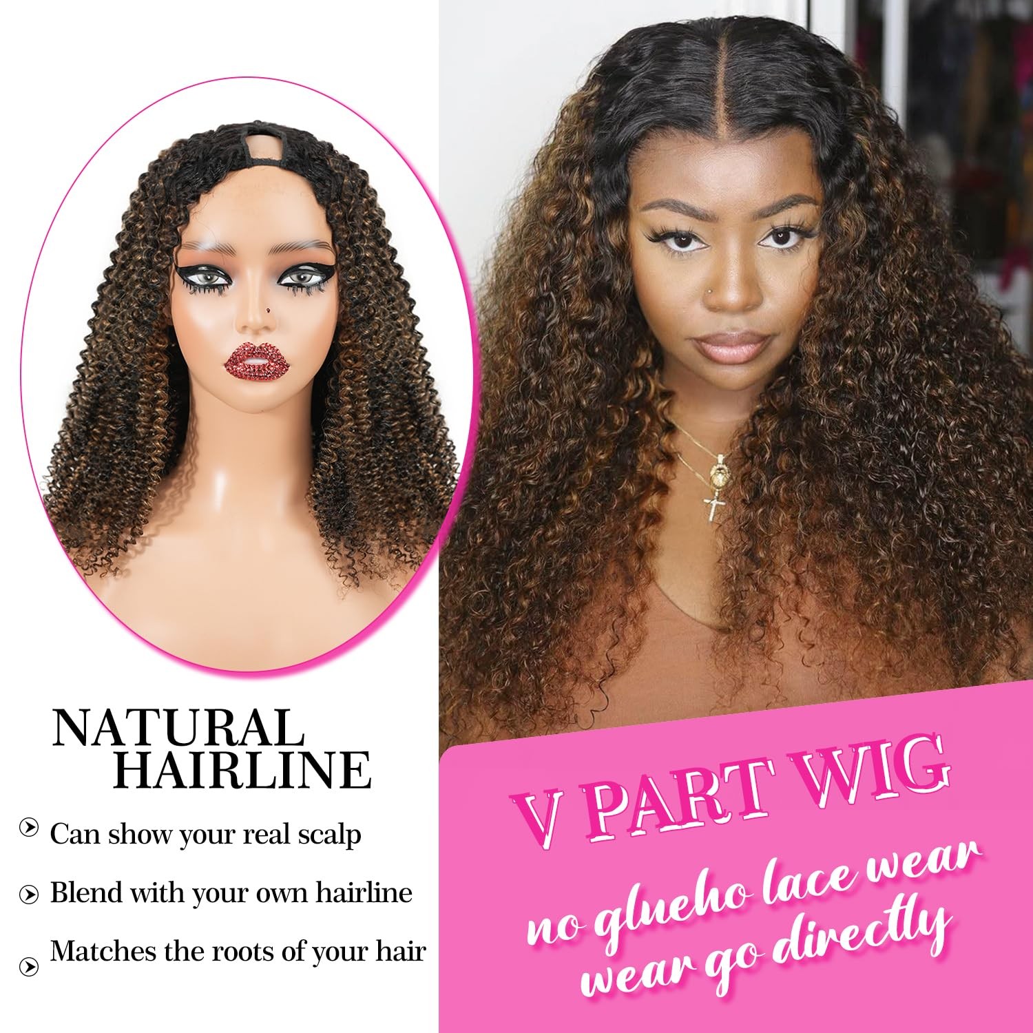 Homgoss Highlight Kinky Curly V Part Wigs For Women 200 Density Fb30 Color