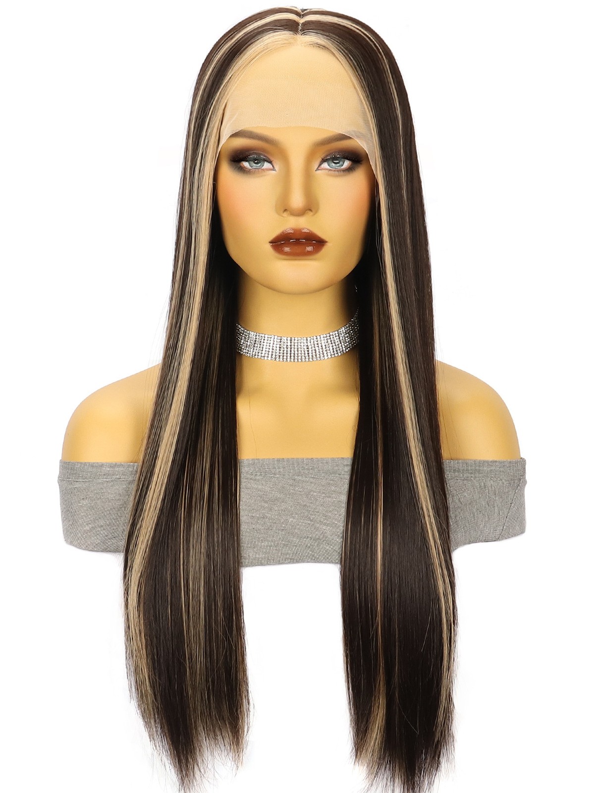 T Part Lace Front Highlight Middle Part Long Straight Heat Resistant Synthetic