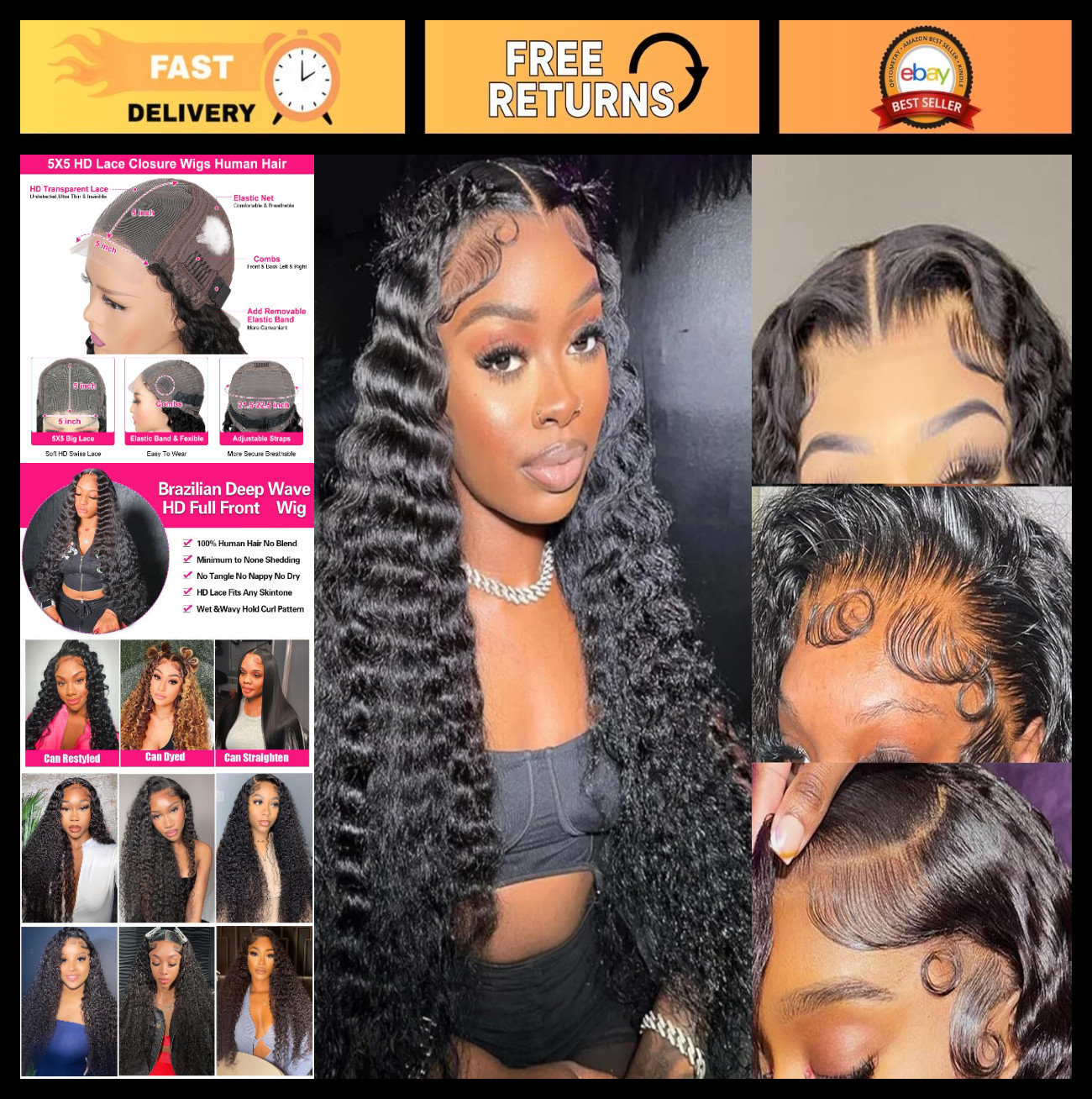 24″ 5×5 HD Lace Closure Wig – Brazilian Virgin Human Hair, Wet & Wavy, Deep Wave