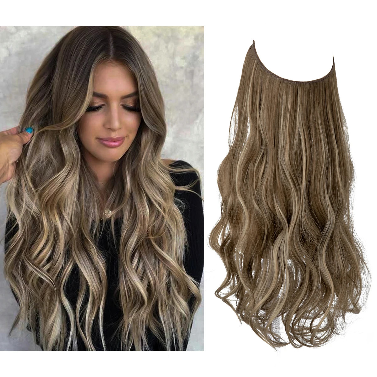 Synthetic No Clips Hair Extension Ombre Black Blonde Pink Long Wave