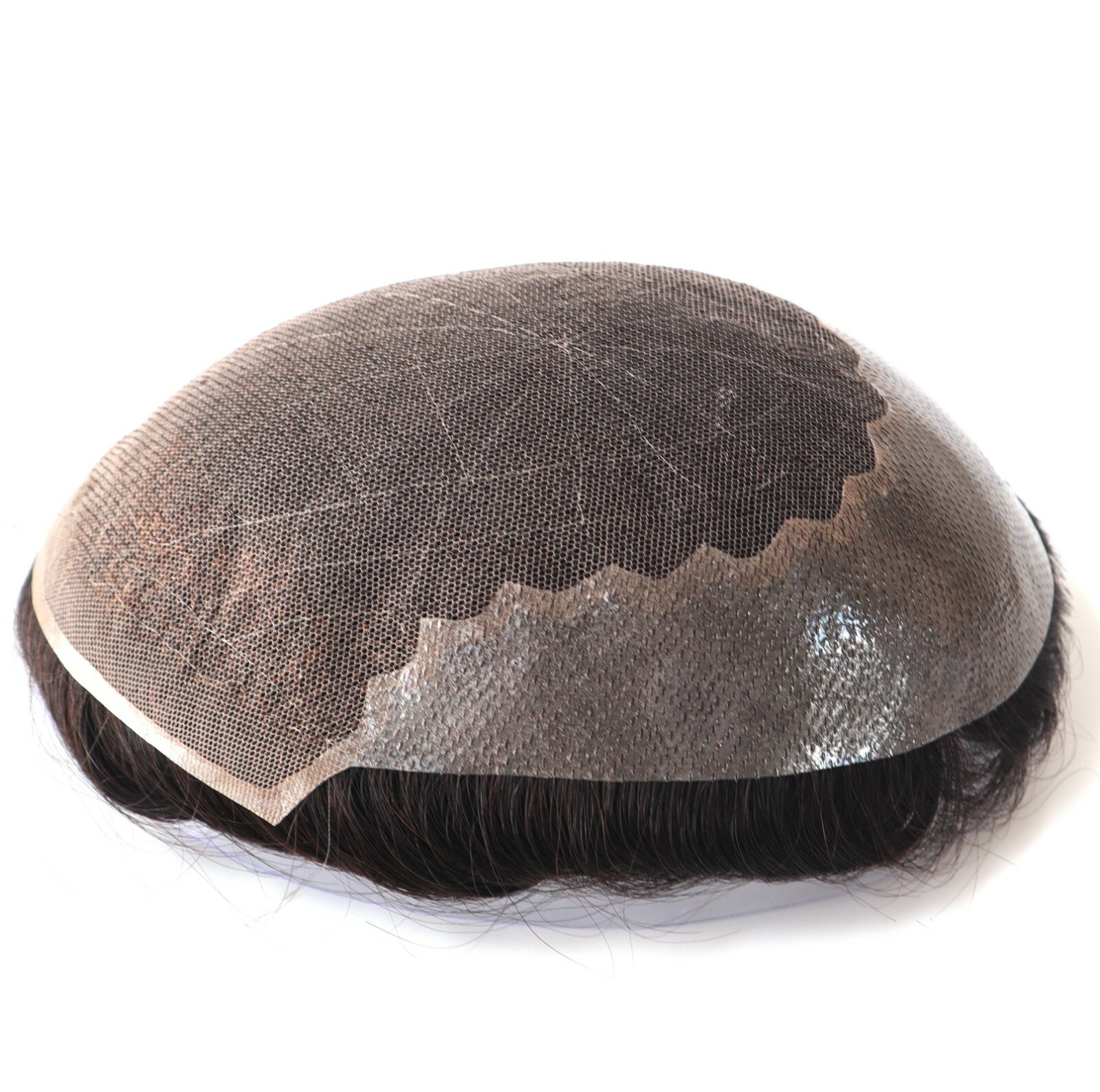 Natural Mens Toupee Human Hair Replacement System 法国花边皮肤发饰 #1B-