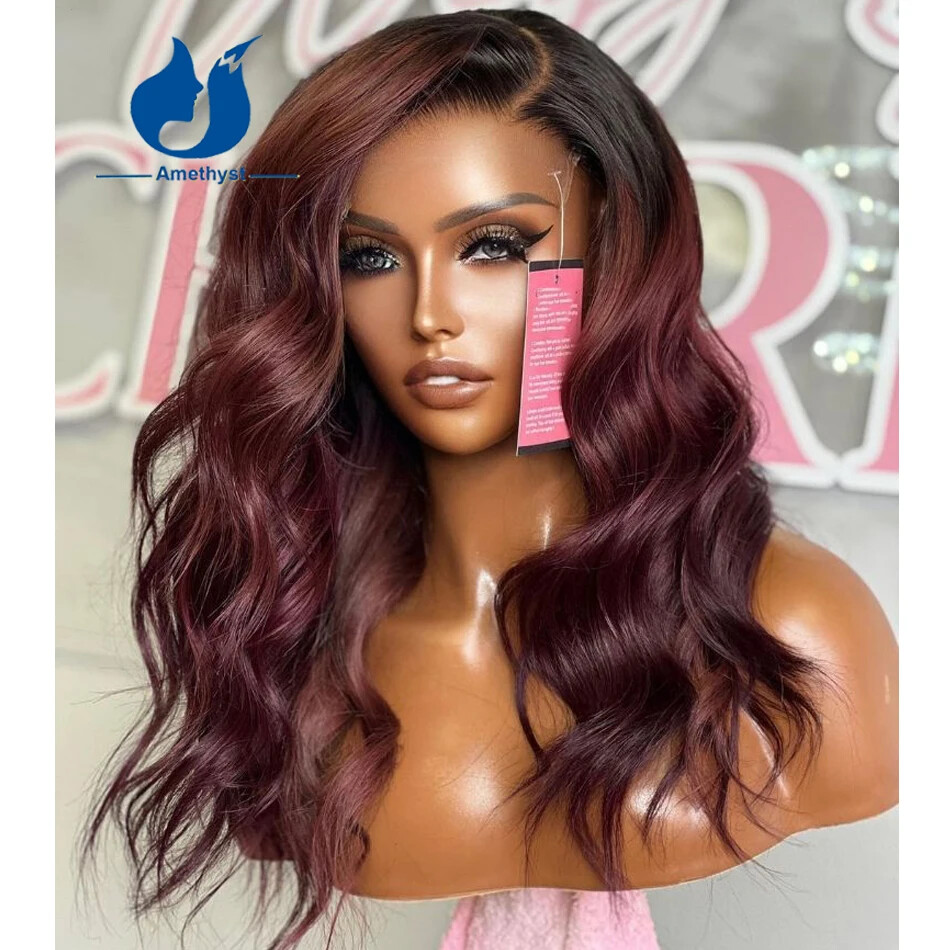 Ombre Burgundy Lace Front Wig Human Hair With Dark Root Braizilian Loose Wavy