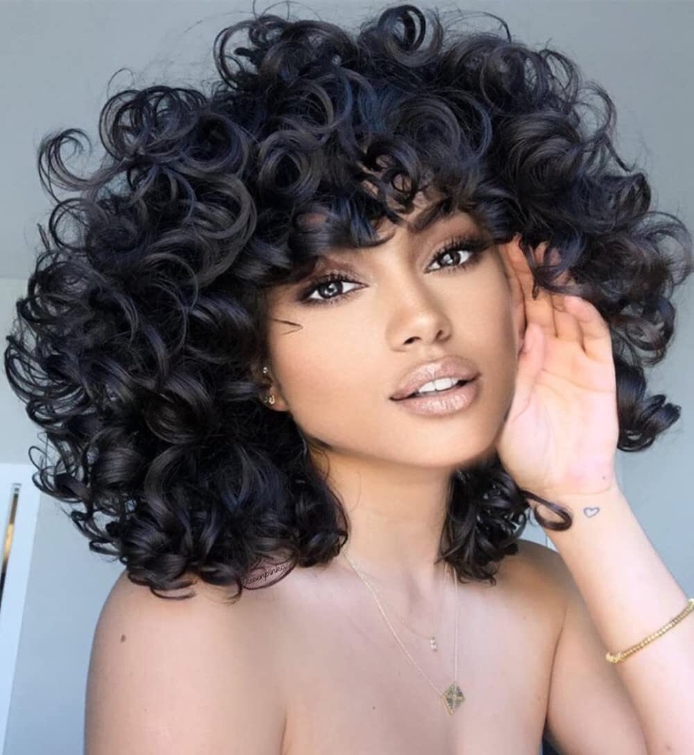Short Curly Wigs for Black Women 14” Black Big Curly Wig with Bangs Afro Kinky