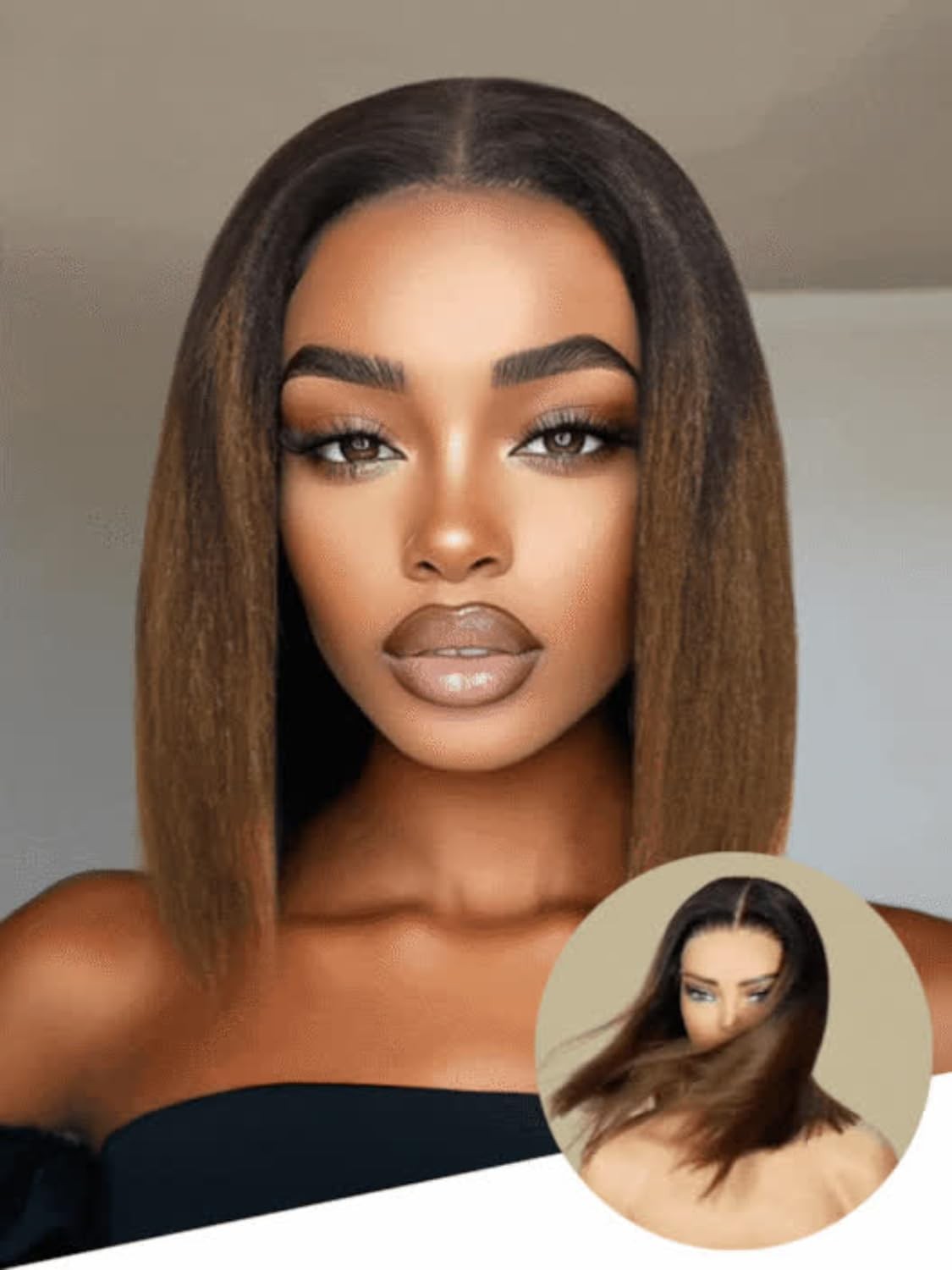 Nadula Ombre Brown Yaki Straight Bob Wig Human Hair – Glueless Pre Cut 7×5 HD…