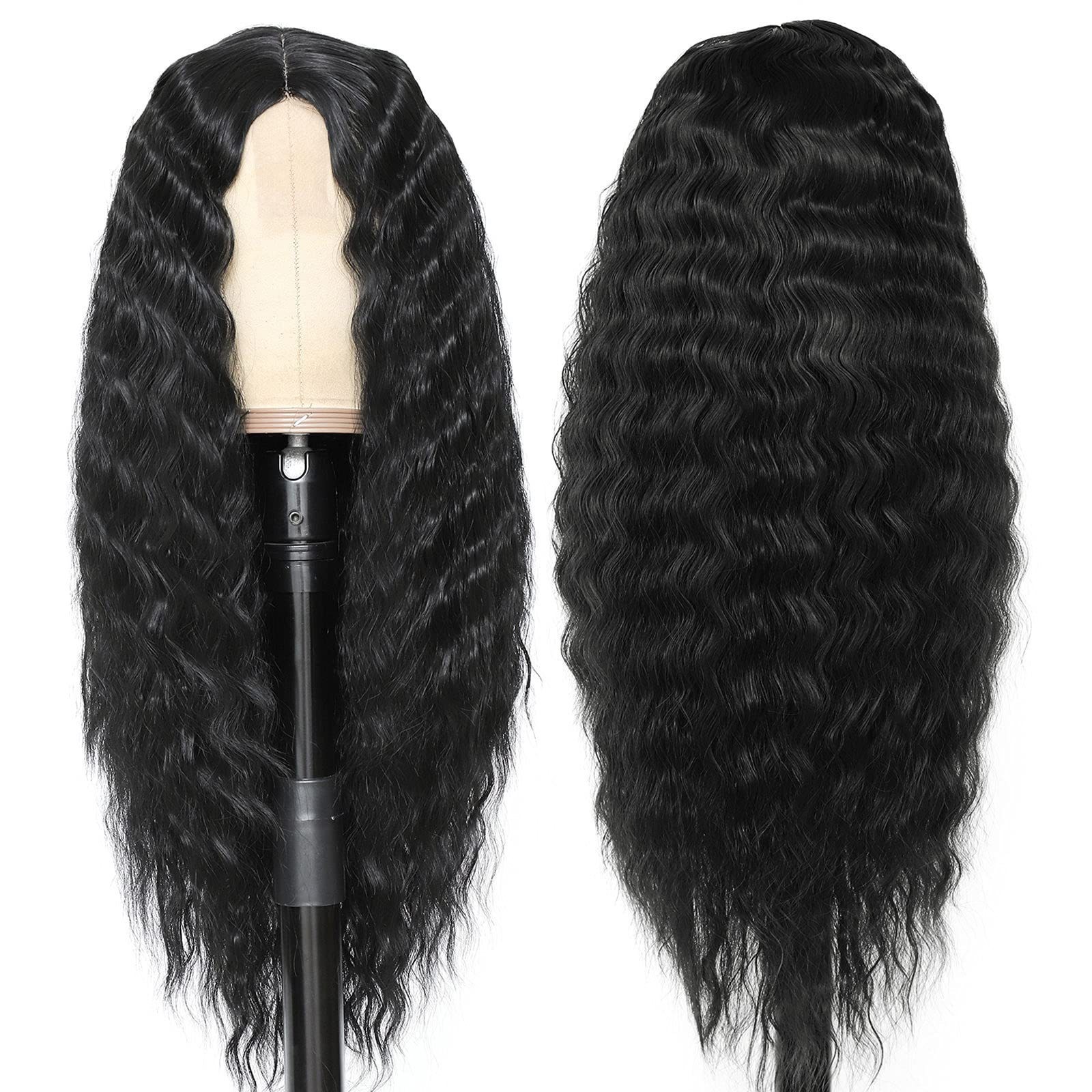 Black Middle Part Deep Wave Small Lace Wig Synthetic Water Wave Wig For Fashion