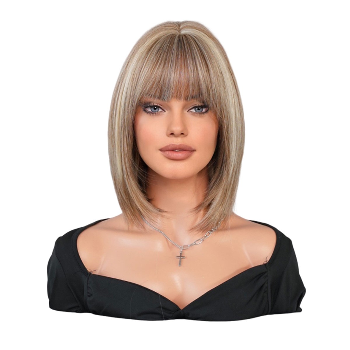 Brown Tea Short Straight Bob Wig with Full Bangs Highlight Beige Inverted Bob