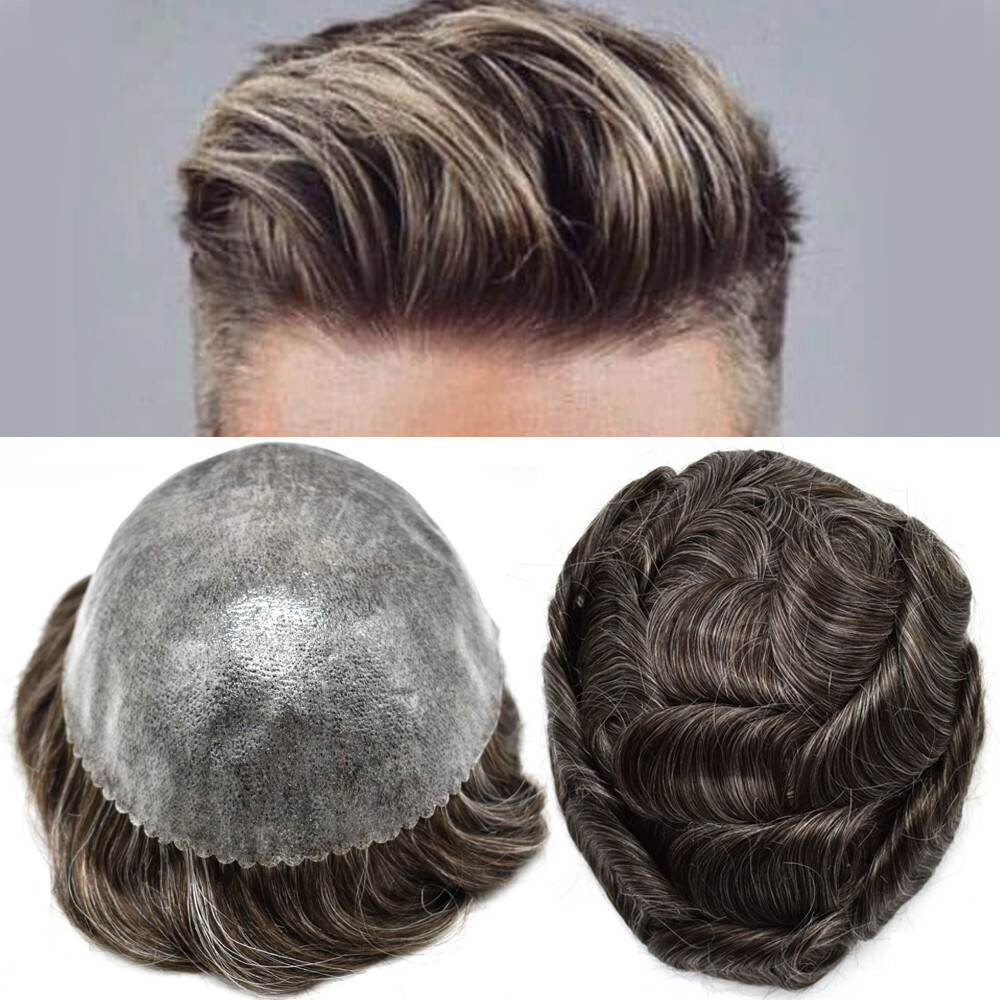 Mens Toupee Hair System Replacement Full Poly Skin Human Hair Piece Unit for Men