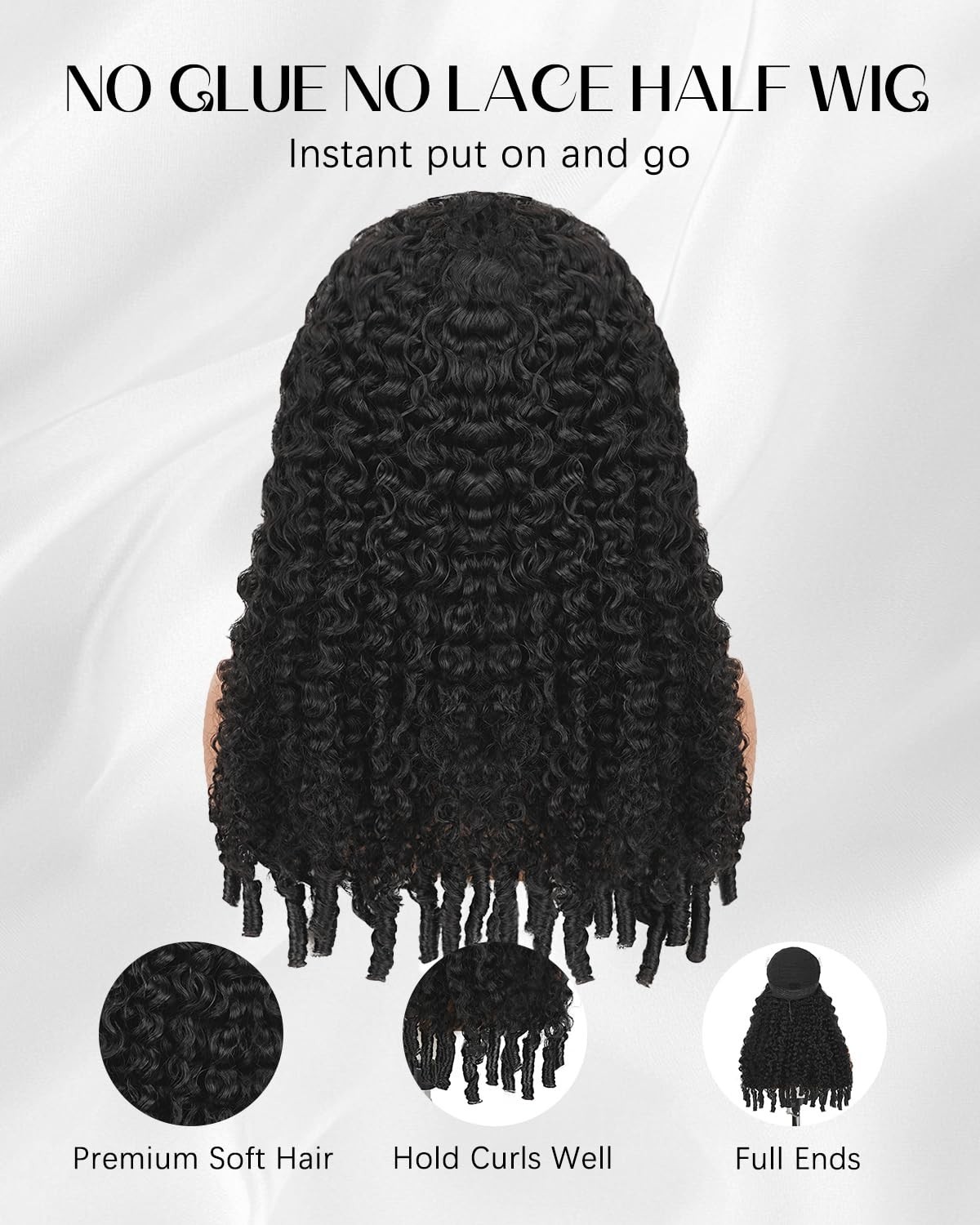 Curly Half Wigs for Black Women – 26″ Glueless Drawstring Human Hair, 180% Densi
