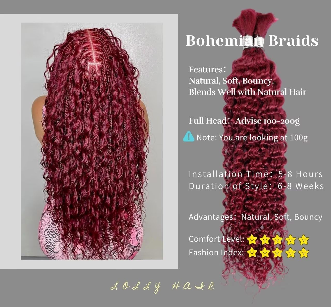 Giginger Burgundy 99J Deep Braiding Human Hair 2 Bundles Per 50G 20 Inch
