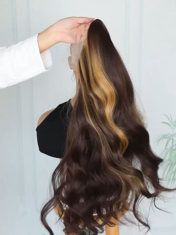 Long Wavy Wig Ombre Highlight Brown Blonde Synthetic Lace Front Wigs Pre Plucked
