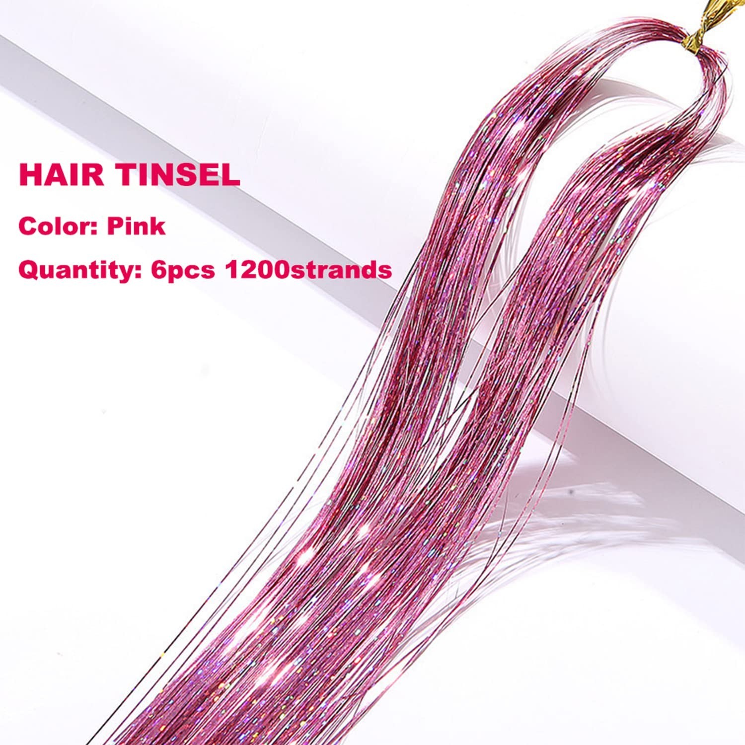 Sparkling Glitter Hair Tinsel Set: 6pcs Heat Resistant 1200 Strands—47 Inches