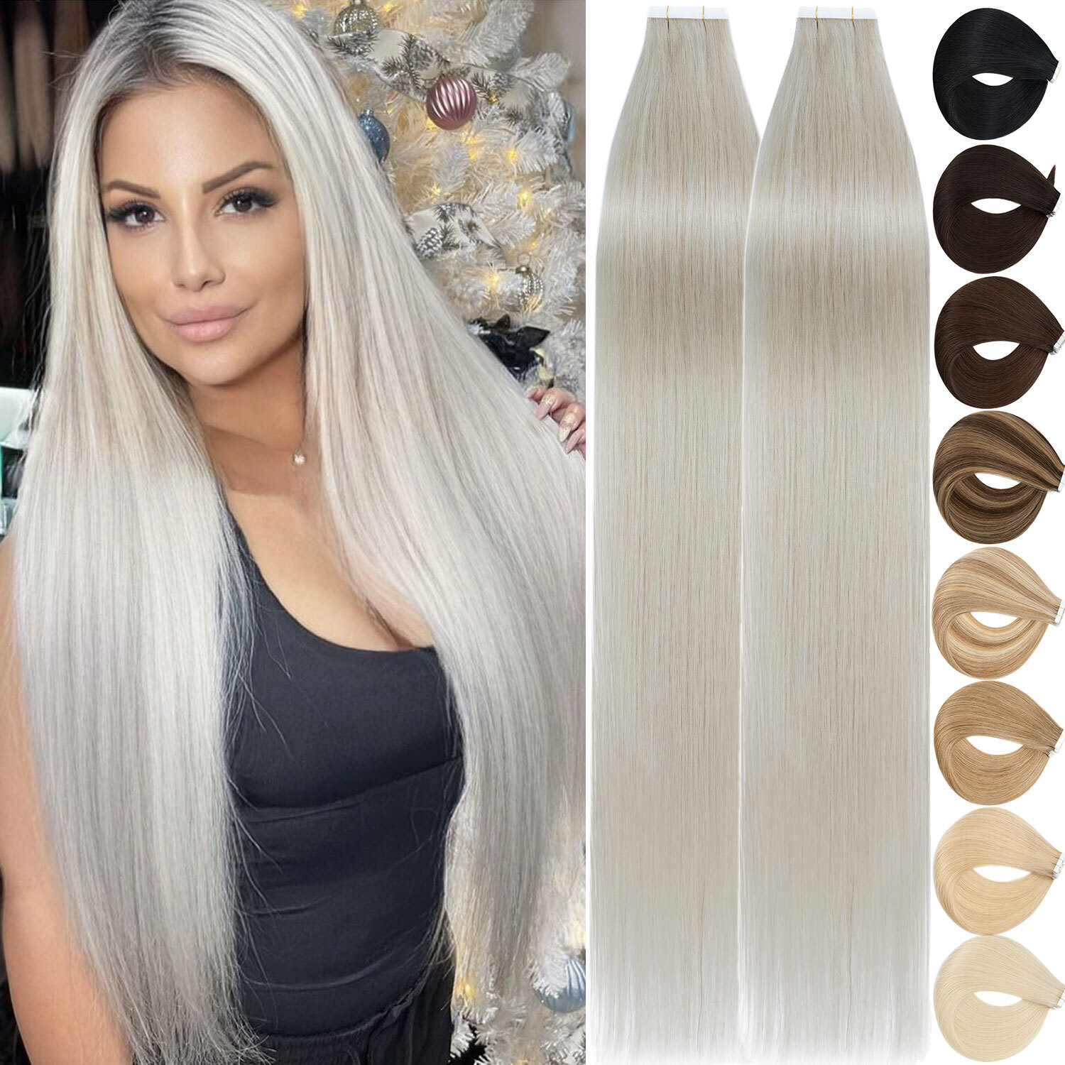 Premium Tape In 100% Real Remy Human Hair Extensions Skin Weft Full Head White M