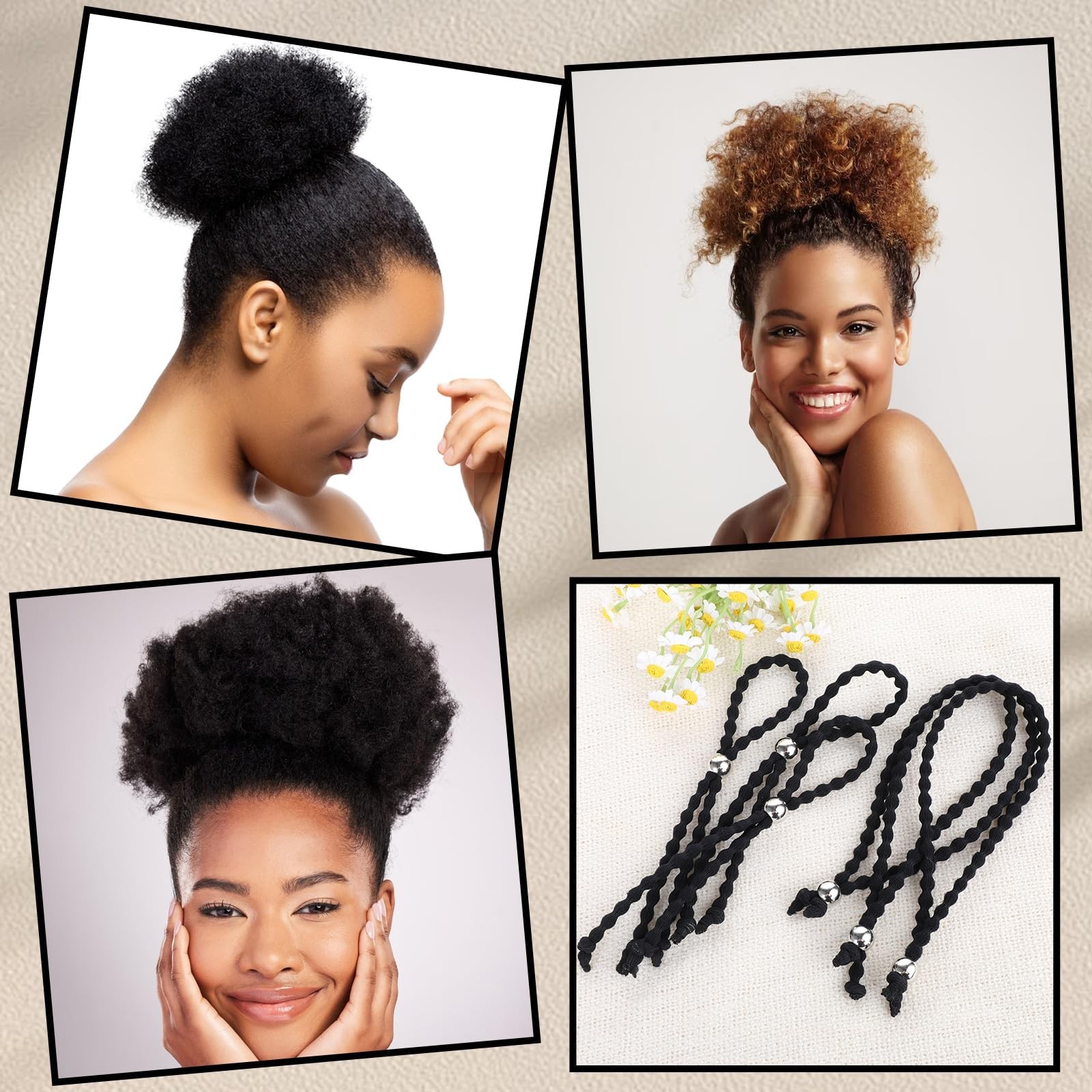 6 Pcs Adjustable Length Hair Ties for Thick Hair Afro Puff Black Women Girls,…