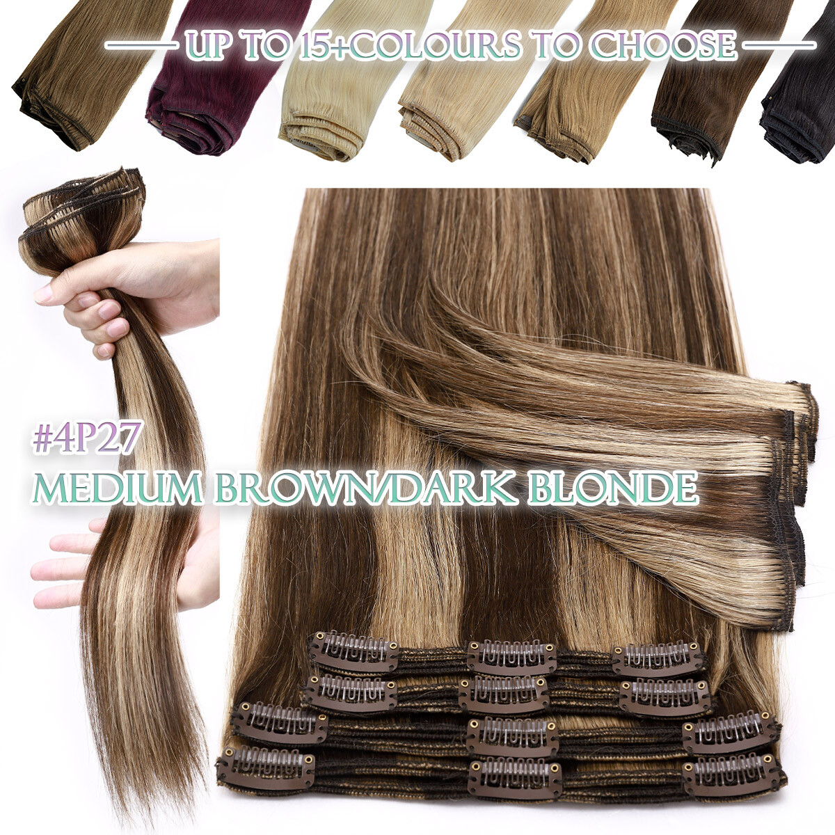 Double Weft Thick Clip In Extensions 100% Human 9A Remy Hair Full Head Highlight
