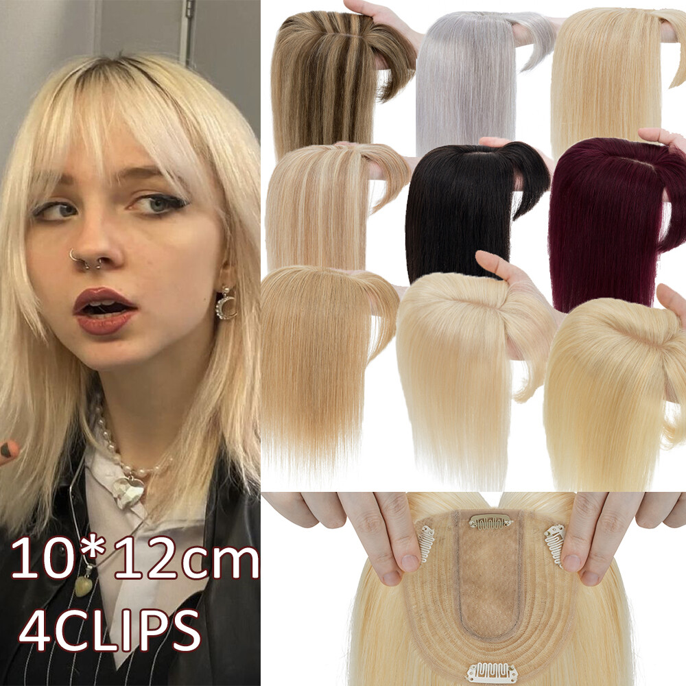 Topper Hairpiece Clip In 100% Remy Human Hair Toupee with Bangs Silk Base Women