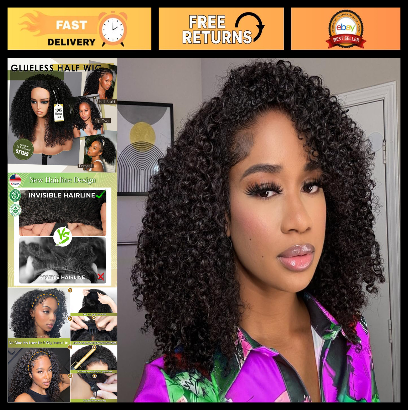 20 Inch Human Hair Half Wig – Seamless Flip Over, Glueless, Drawstring, Half Up/