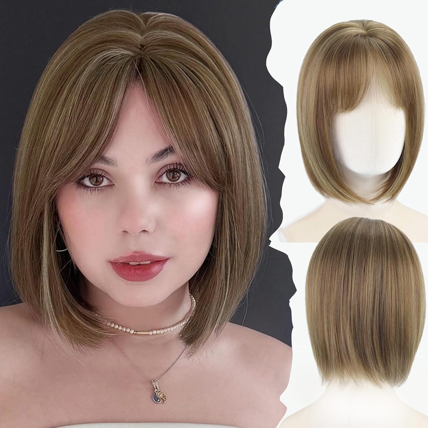 Cute 12″ Honey Brown Bob Wig, Lace Front, Bangs, Glueless, Daily Wear