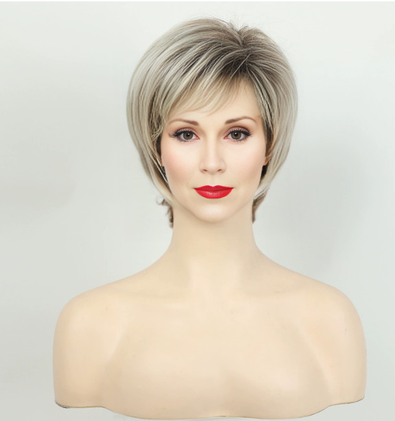 Short Straight Rooted Blonde Mix Synthetic Hair Wig Women Soft Natural Daily