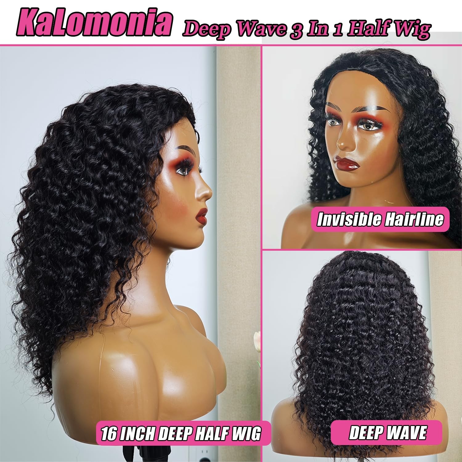 Kalomonia 3 In 1 Curly Half Wig Human Hair 200 Density Deep Wave Upgrade