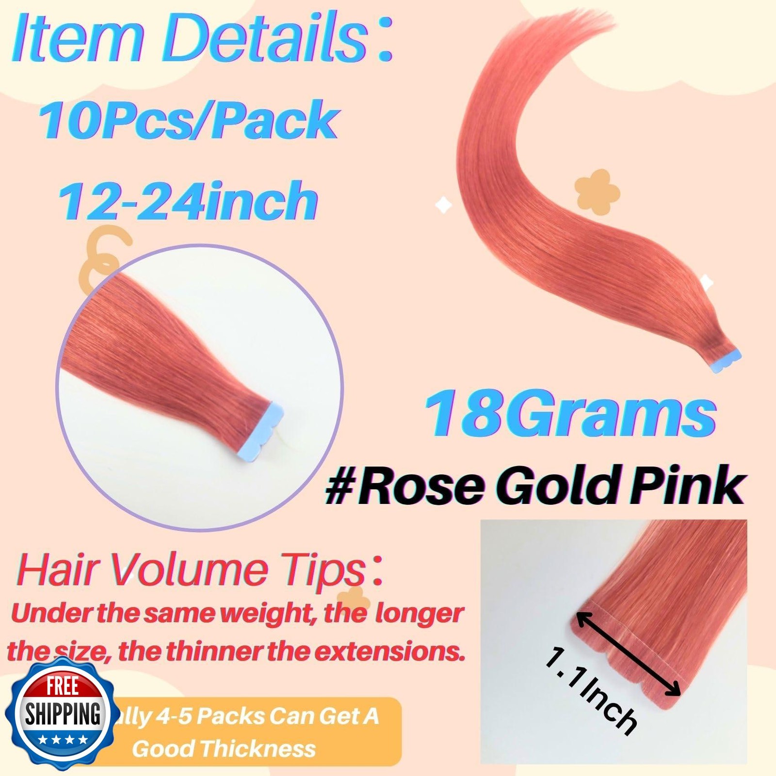Rose Gold Pink Tape in Hair Extensions Human Hair Invisible Seamless Mini Tap