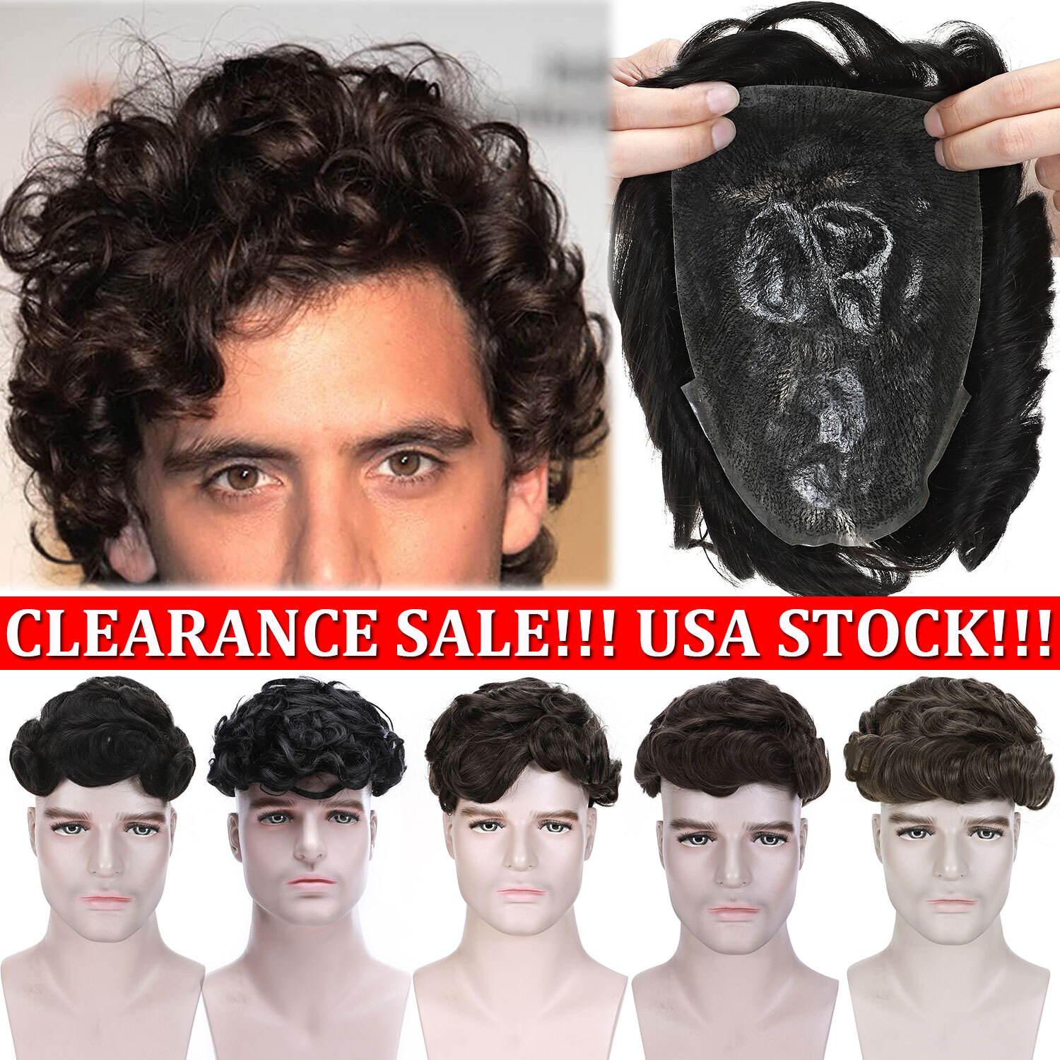 CLEARANCE Men Toupee Wig Human Hair Replacement System PU Thin Skin Hairpiece US