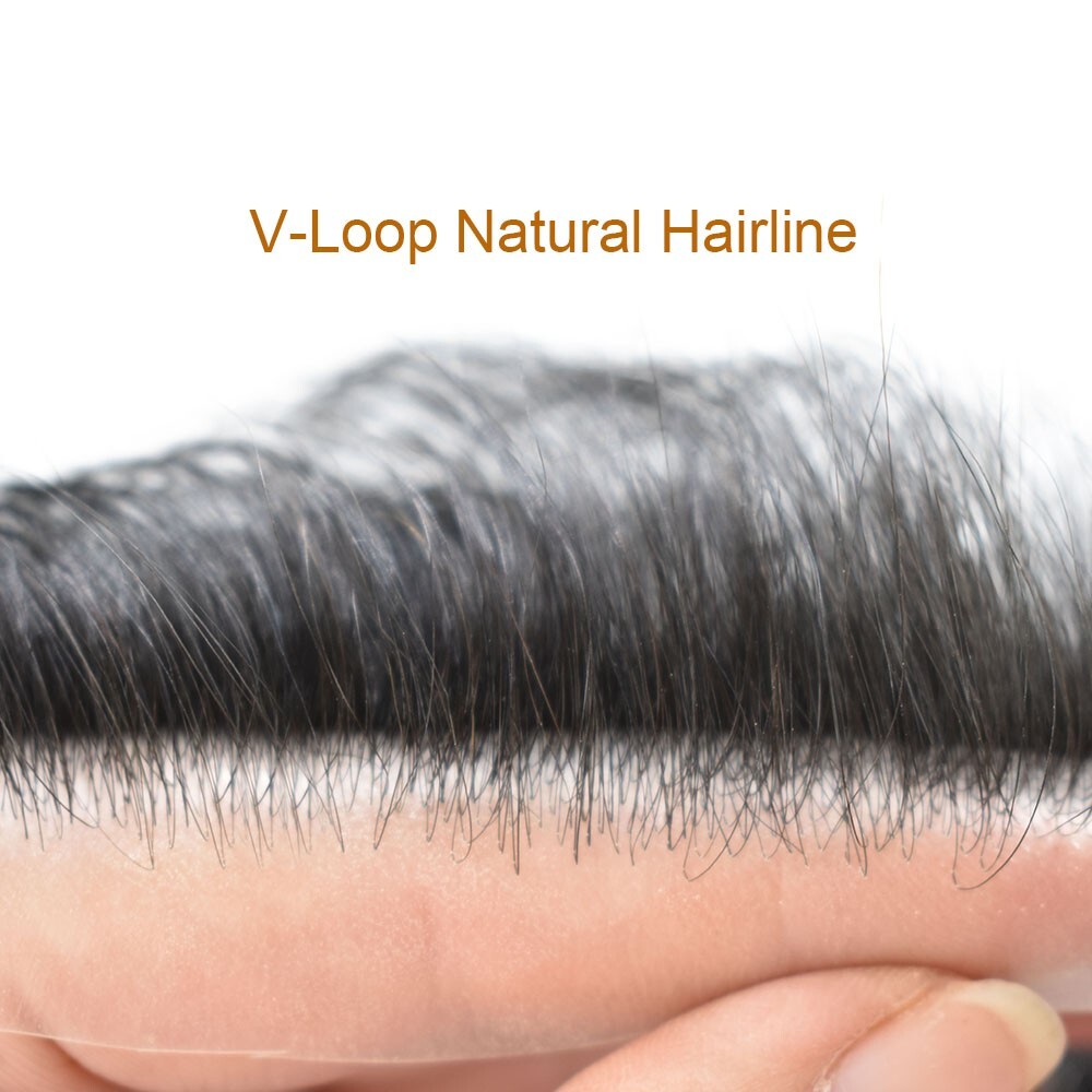 Men Frontal Invisible 100% Human Hairpiece Natural Hairline V-Loop Skin PU