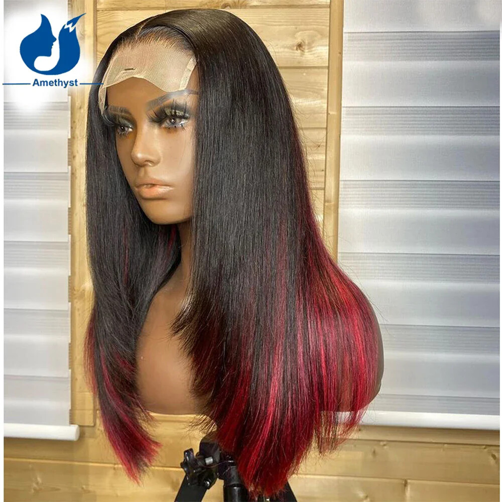 Layered Cut Ombre Burgundy Glueless Human Hair Lace Front Wig With Dark Root