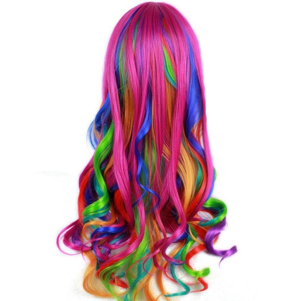 Rainbow Wig Long Curly Wig with Bangs for Women Colorful Wigs Long Wavy Rainb…