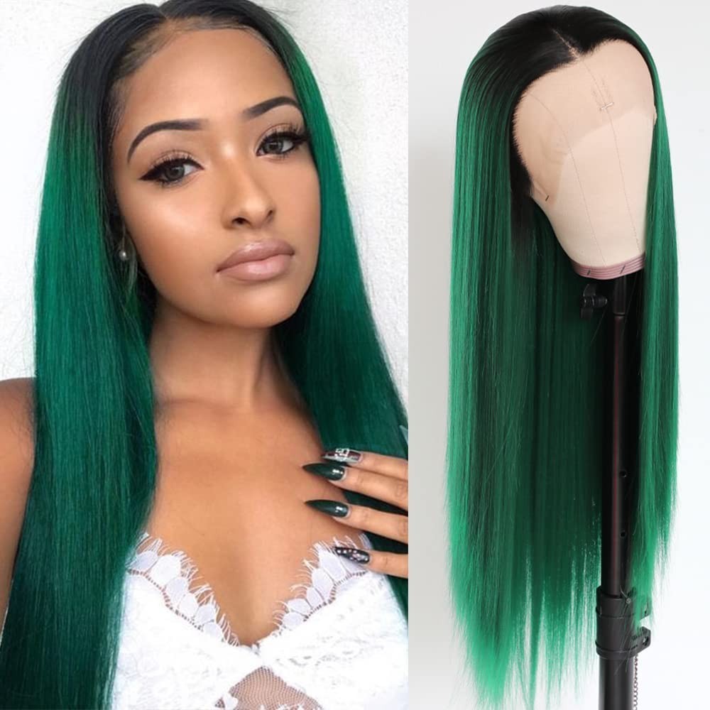 22″ Glueless Ombre Green Lace Front Wig Heat Resistant Synthetic