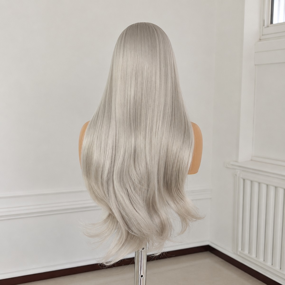 Long Straight Lace Frontal Wigs Silver Synthetic Hair Heat Resistant Layered