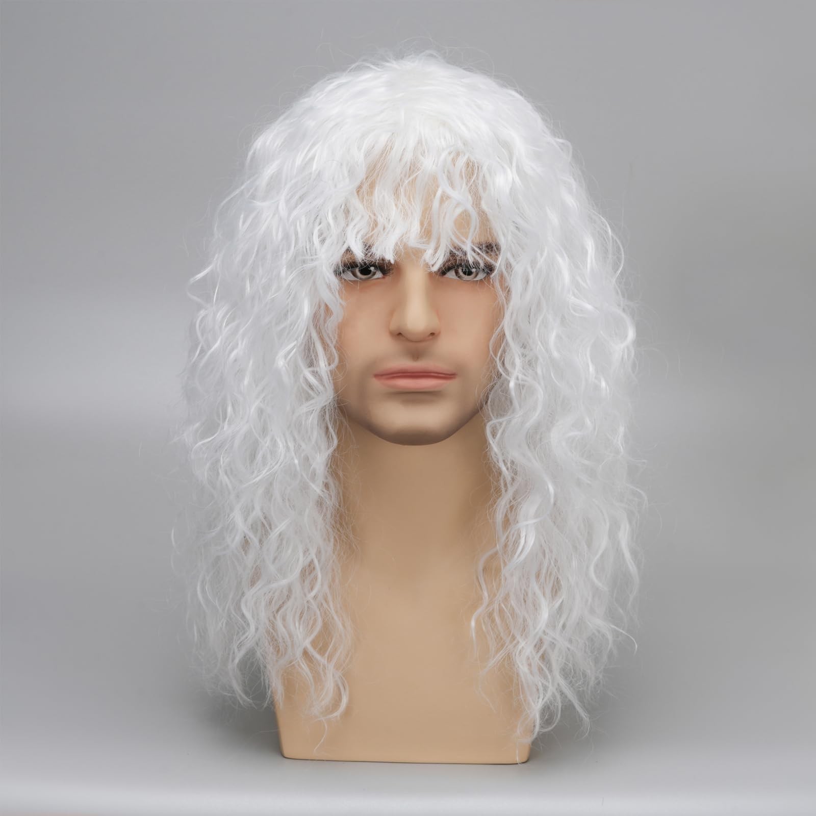 Mens 80s Long Curly White Wig Mullet Wigs Men Costume Heavy Metal Rock Wig Ha…