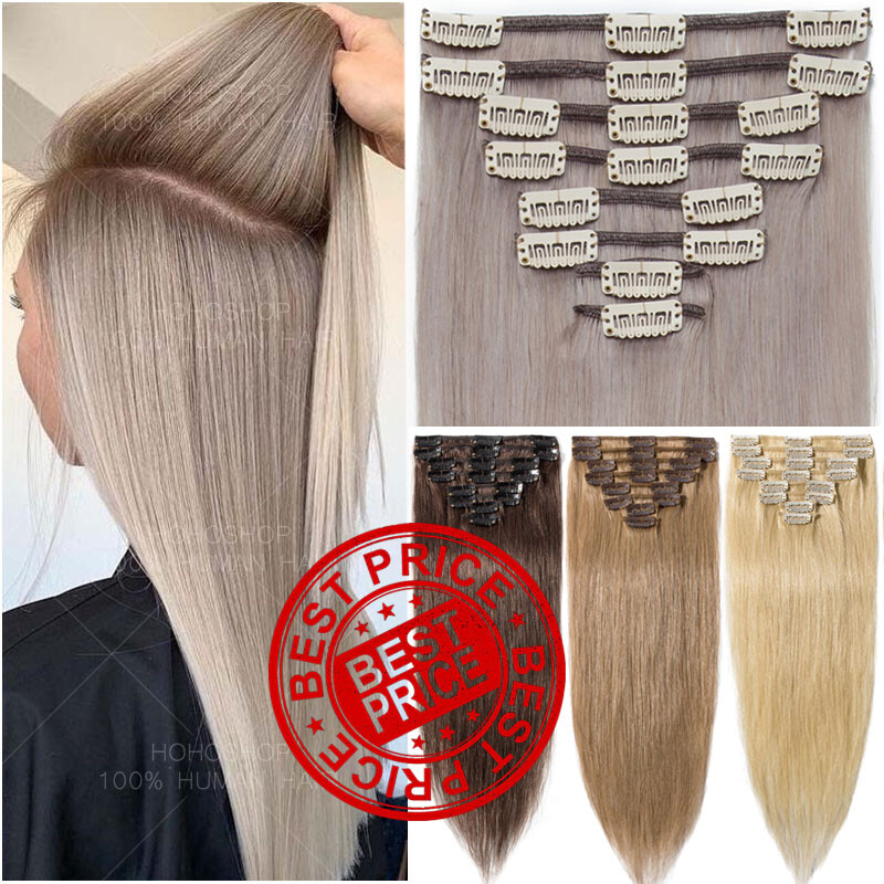 S-noilite Clip In Remy Human Hair Extensions Full Head Weave Grey Straight THICK