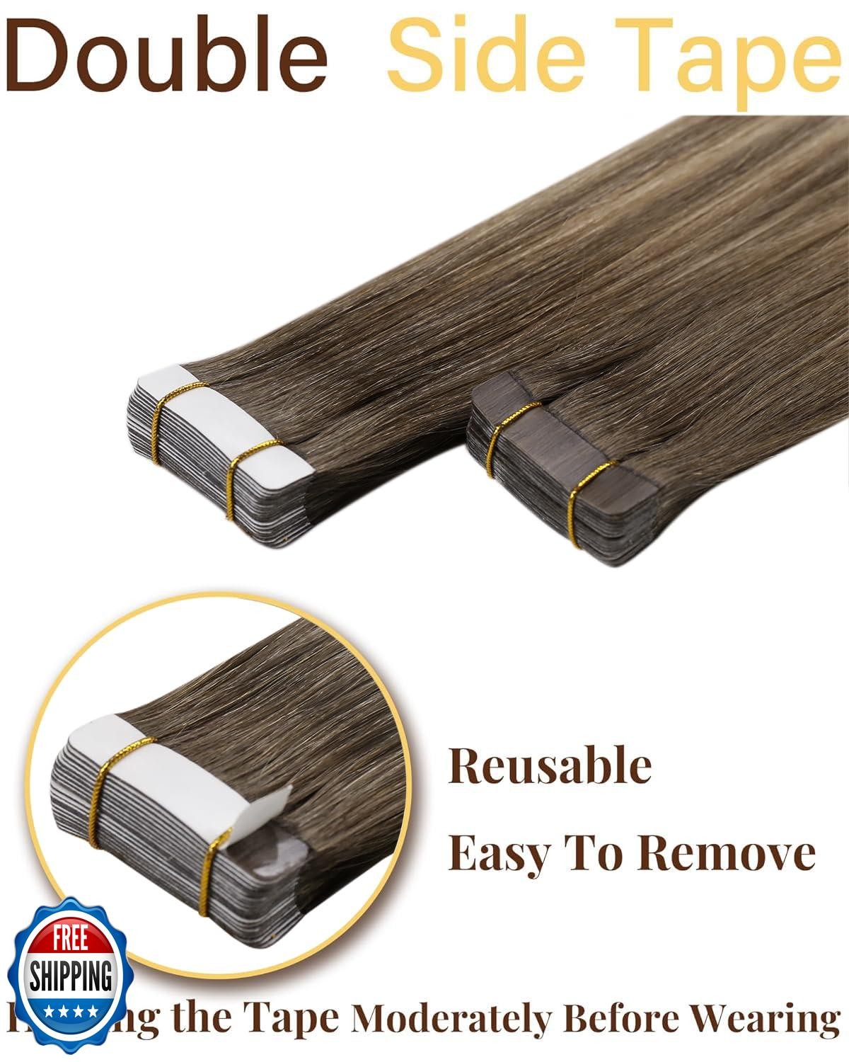 Hetto Tape in Hair Extensions Human Hair Ombre Light Brown to Ash Blonde with